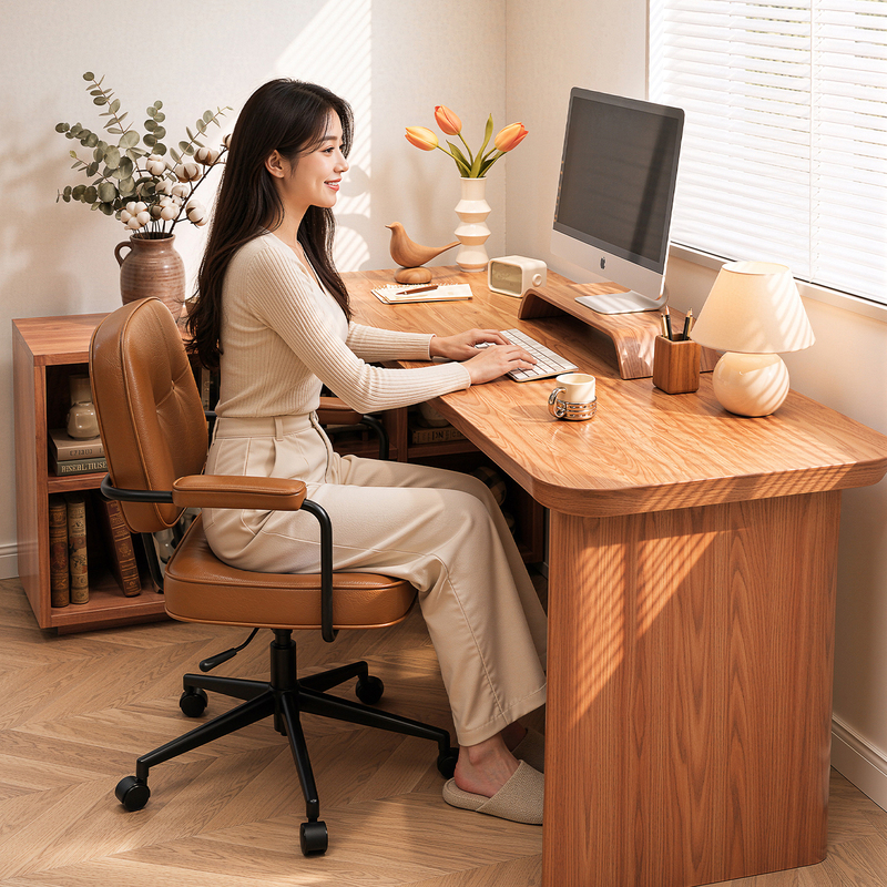 Solid Wood Desk and Bookcase Set, Office Desk, Home Corner Desk, Writing Desk, Bedroom Corner L-Shaped Bookshelf Integrated Computer Desk