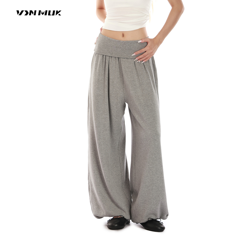 Vinmuk American-Style Cuffed Waist Soft Wide-Leg Casual Pants for Women, Loose-Fitting Sports Knit Harem Pants with Cuffed Ankles