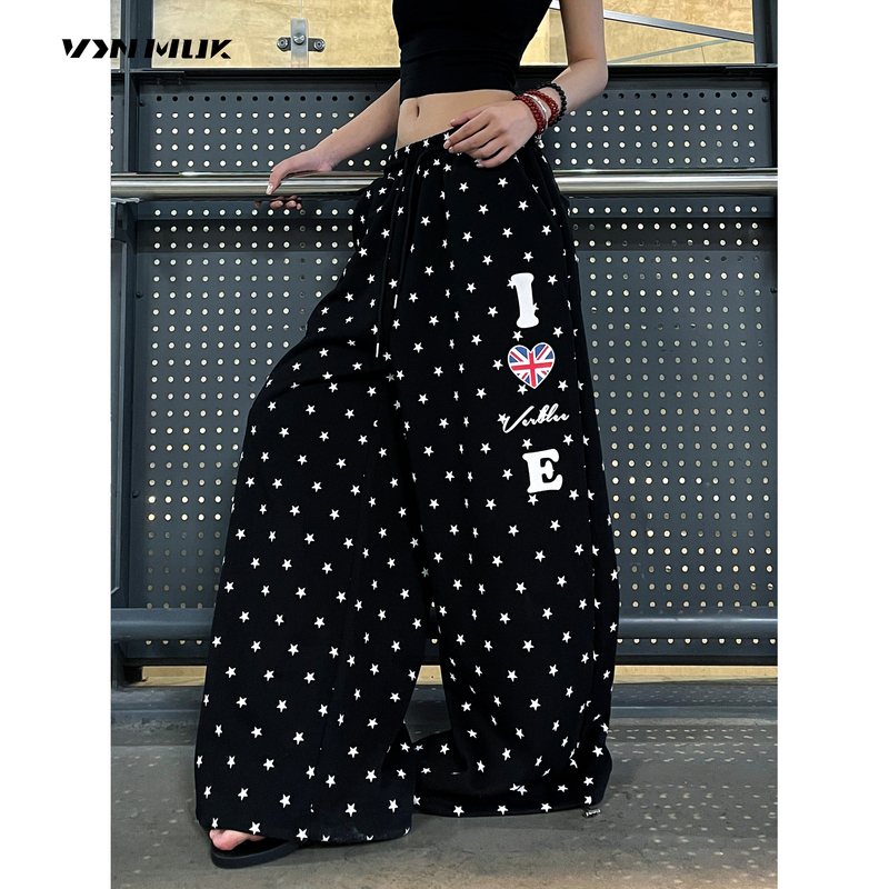 Vinmuk American Street Style Star-Print Drawstring Casual Pants for Men and Women, New Elastic Waist Drape Straight-Leg Wide-Leg Pants