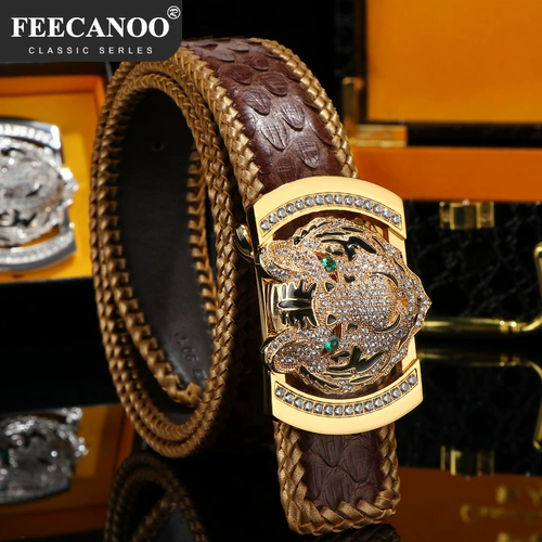Новая головка тигра инкрустирована молодым мужским ремнем для ремня настоящего питона ремня питона зодиака