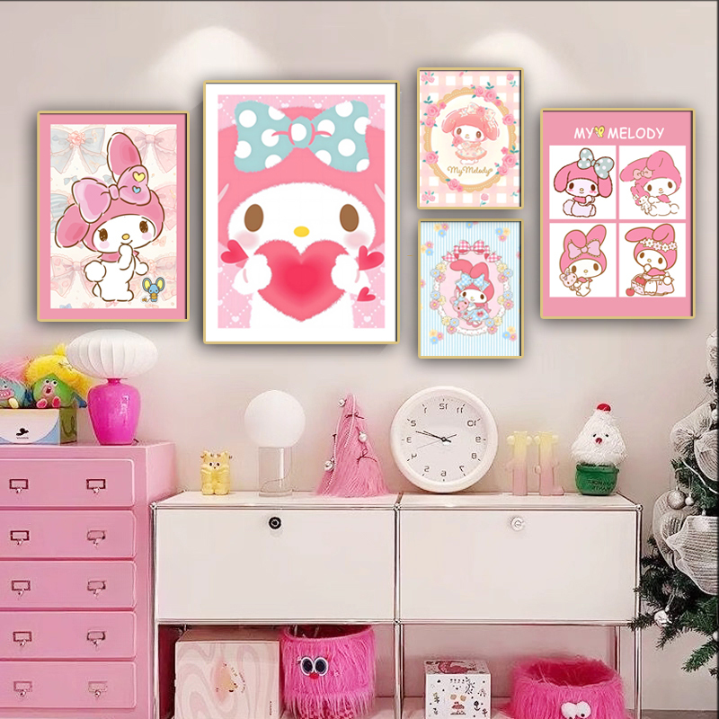Pink Girl's Bedroom No-Drill Decorative Painting Sanrio Melody Cartoon Bedroom Photo Wall Desktop Display Painting