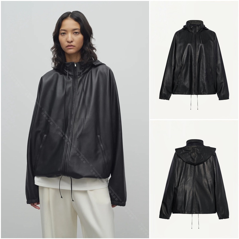 Row Jilly Lambskin Casual and Stylish Leather Jacket with Stand Collar and Hood, Kendall Jenner Style