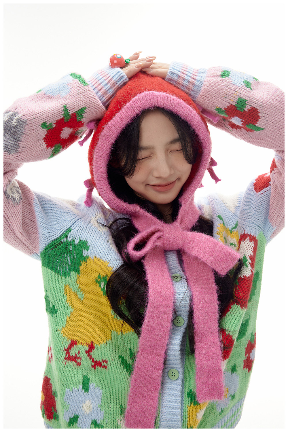 ピンクのかわいいリボンロングレース赤ずきんちゃんニット帽