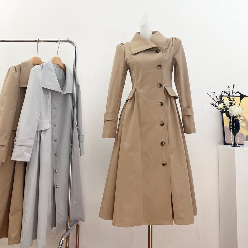 Qingxianfang London Weekend Modernist Waist-Cinching Large Skirt Hem Trench Coat Mid-Length Old Money Style Waist-Cinching Coat Qingxianfang London Weekend Modernist Waist-Cinching Large Skirt Hem Trench Coat Mid-Length Old Money Style Waist-Cinching Coat