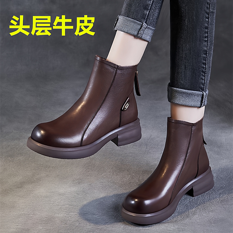 First-Layer Cowhide ~ High-End Genuine Leather Women's Shoes 2025 Autumn and Winter British Style Martin Boots with Back Zipper Short Boots Chelsea