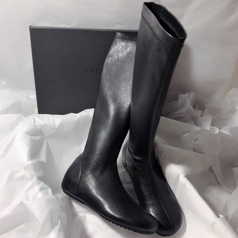 Black Round-Toe Stitched Slim Boots for Women, Autumn and Winter High-Tube Long Boots, Flat-Soled Versatile Stretch Boots, Fashion Boots