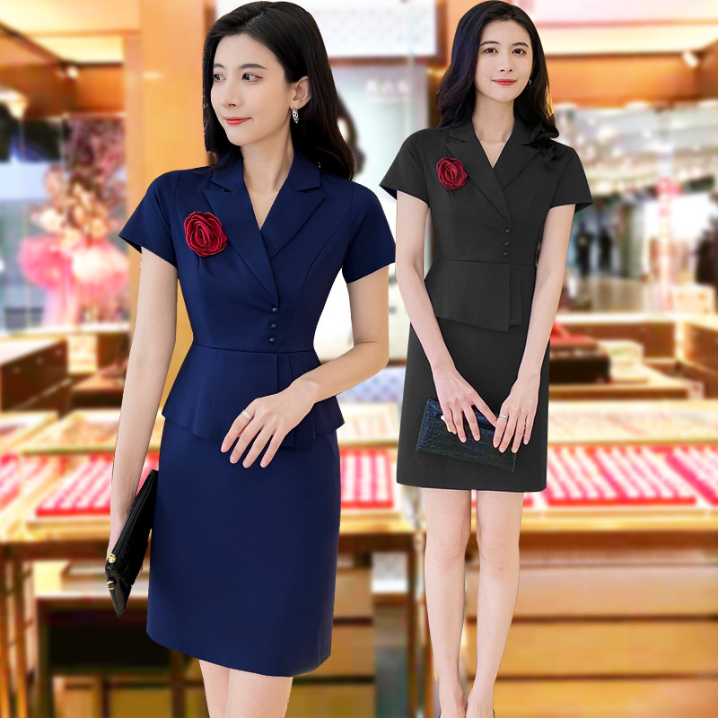 New professional dress short sleeve suit collar fake two-piece skirt week Saturday blessing China gold jewelry store overalls