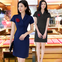 New professional one-piece dress short sleeve suit collar fake two sets dresses Saturday Fochina gold jewelry store work clothes