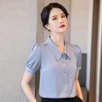 Snowspun Shirt Woman Summer Short Sleeve 2022 New Fashion Temperament Snowspun Shirt Square Collar Professional Shirt Grey Blue Blouse