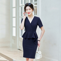 Fake two sets of dress Dress Summer Thin fashion V collar Lean Professional Fashion Week Raw Jewelry Store Blue Workwear