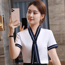 Short Sleeve Shirt Lacing Butterfly Knot White Shirt Professional clothing Repairing Body Commute Splicing Hotel Restaurant Work Clothes