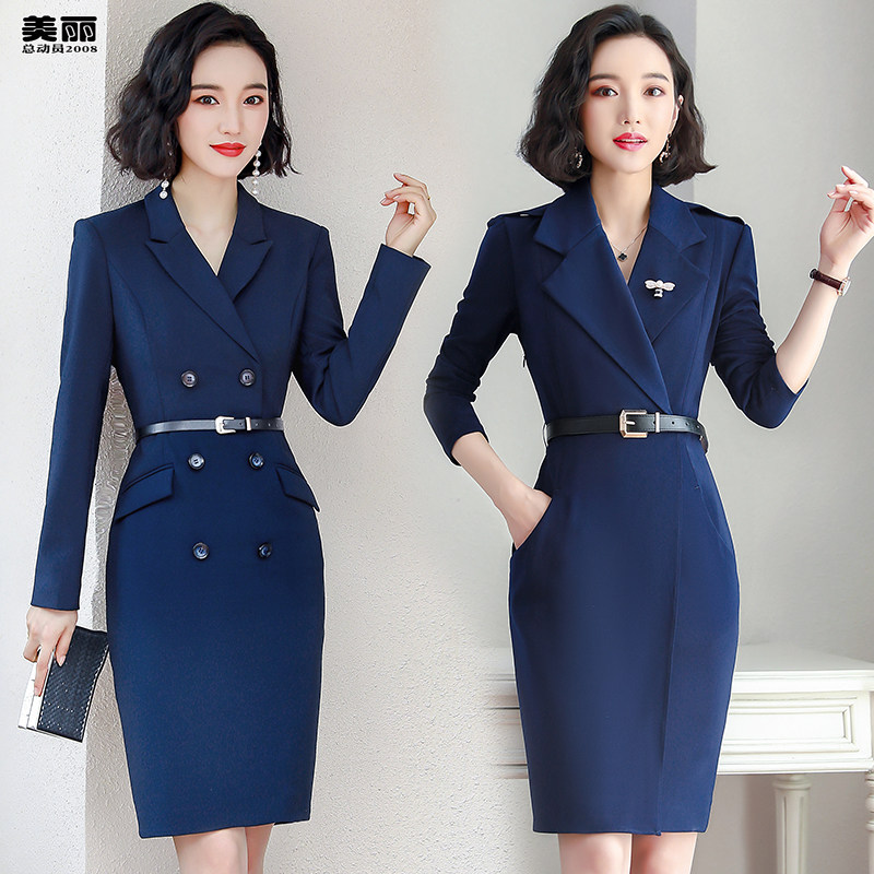 Foreign Dress Lady Professional Dress Spring Dress 2021 New Long Sleeves Medium Long Version Temperament V Collar Black Bag Hip Skirt