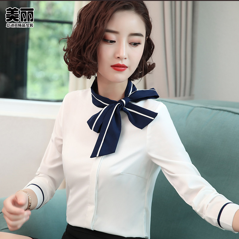 2022 Spring new white shirt with a big butterfly bow floating band professional shirt clothes