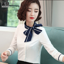 2021 new white shirt long-sleeved dark buckle Korean slim-fit big bow streamer professional shirt womens work clothes