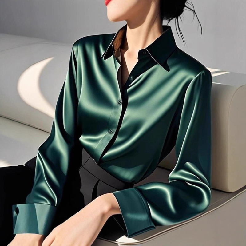 2025 Spring New Style Acetate Satin Dark Green Shirt Women's Long Sleeve Fashionable and Elegant Blouse 2025 Spring New Style Acetate Satin Dark Green Shirt Women's Long Sleeve Fashionable and Elegant Blouse