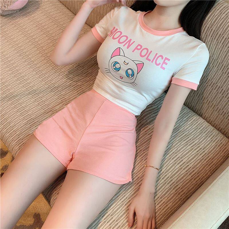 Casual sports suit female summer ins tide short section slim sexy hot girl exposed navel tight pure desire cartoon suit