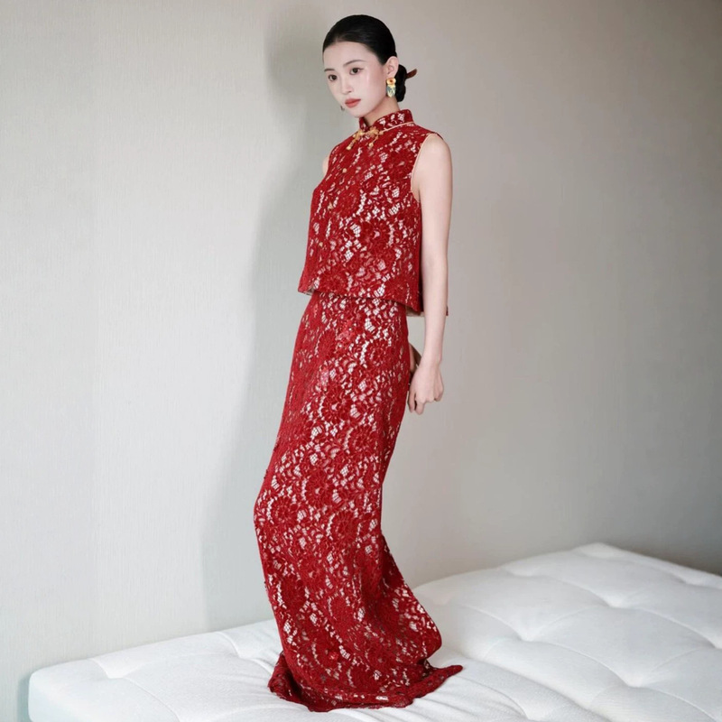 2026 New Red Cheongsam Retro Style Dress for Women, Summer New Niche Design Long Dress for Toasting