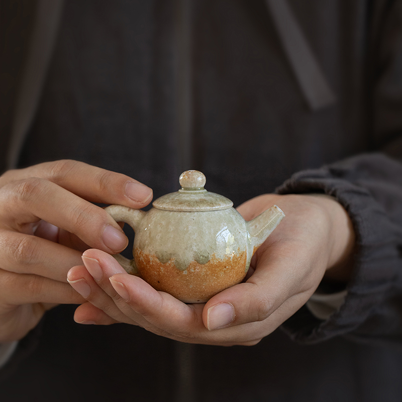 Muchen Firewood-Fired | Mini Moon Shadow Teapot Yellow Clay Tea Pot for Black Tea, Pu'Er, Kung Fu Tea, Natural Ash Finish, Single Serving