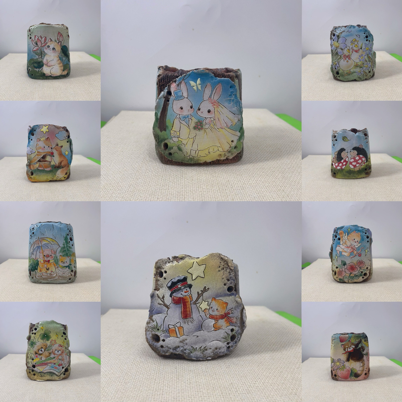 Little R Fairy Tale Hand-Painted Series Cute Animal Retro Cartoon Black Mud Glaze Fired Rock Color Succulent Meat Cone Flower Pot