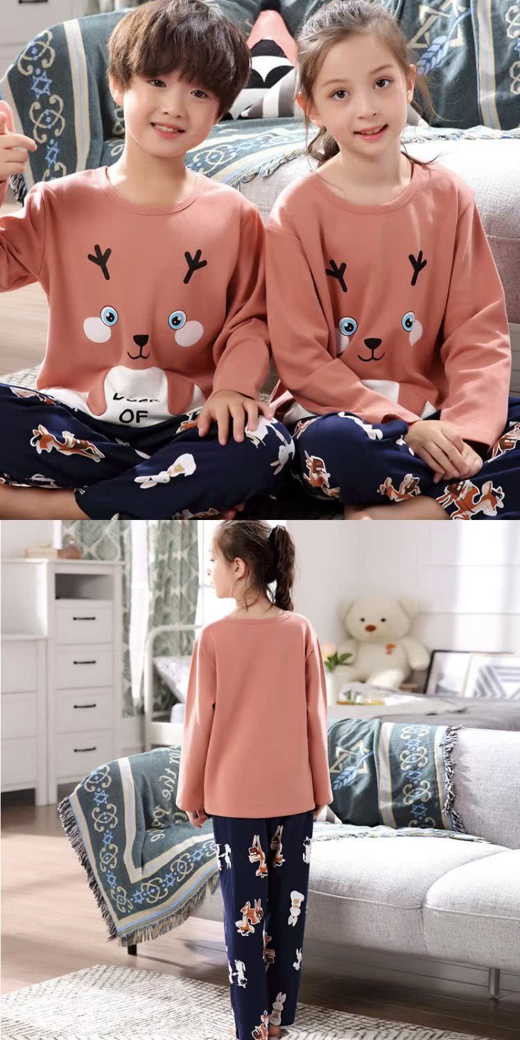 Đồ ngủ cha mẹ trẻ em mùa xuân và mùa thu 100% cotton gia đình tinh khiết ba người đàn ông và phụ nữ trẻ em hoạt hình dài tay phù hợp với dịch vụ nhà đồ ngủ mùa hè 