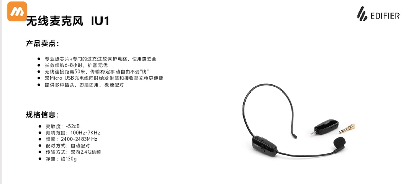 Edifier Iu1Mk1020 Wireless Headset Lavalier Microphone Handheld Microphone