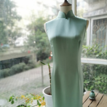 JULEE custom acetate satin summer solid color daily slim cheongsam long cheongsam sleeveless modified vintage dress