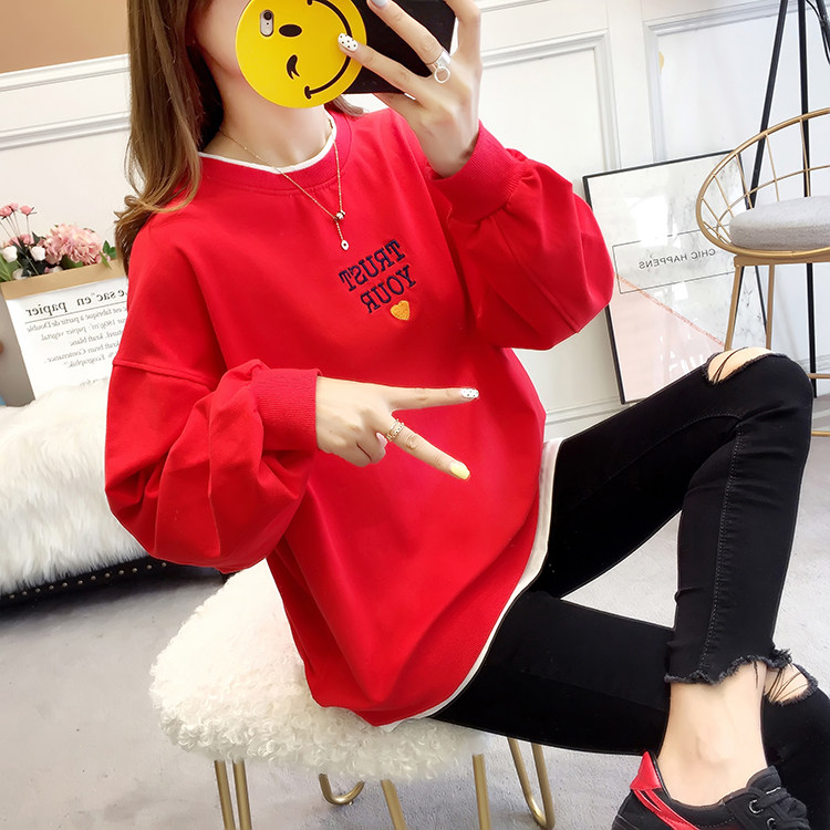  2020 new item fat MM large size loose sweater women autumn autumn thin embroidery fake two tops coat without a cap