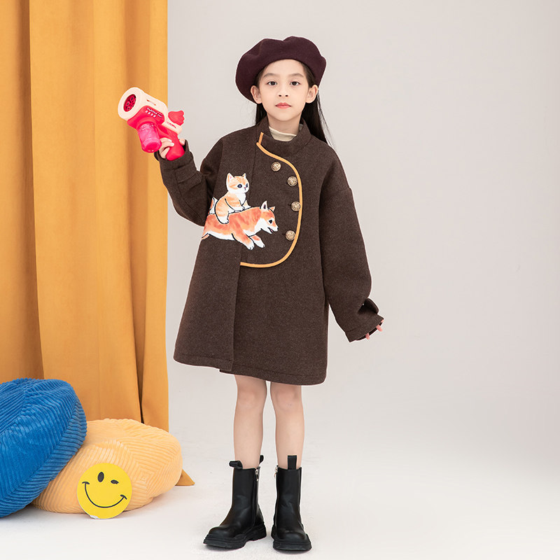 Cartoon printed Korean version Children's woolen sweater 2021 Winter New pint girl foreign pie Thickened Cotton Coat