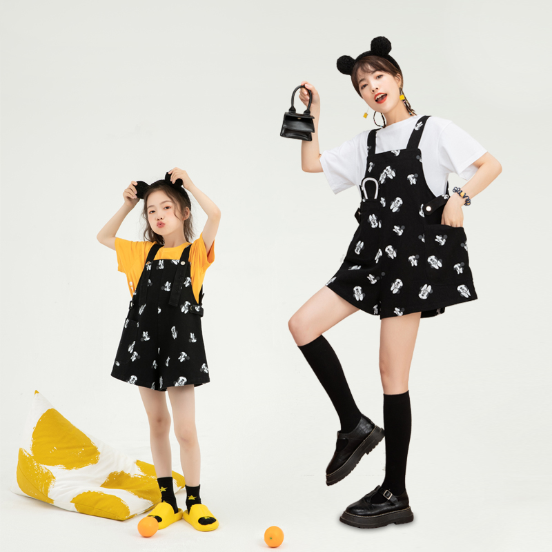 Parent-Child black children's cartoon print backpack pants summer New loose slim mother girl wide leg pants