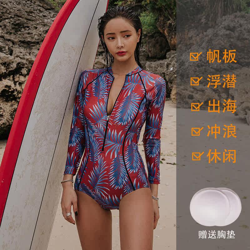Swimsuit Women's one-piece long sleeve slim slim belly cover print Surf windsurfing Snorkeling sunscreen with zipper Triangle swimsuit