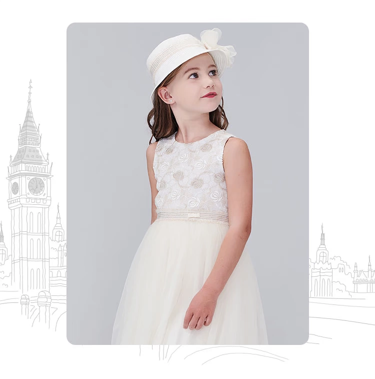 IVY HOUSE Ivy Kids Váy Cô Gái Cổ Tròn Không Tay Thêu Hoa Cô Gái Lưới Sợi Váy Váy Công Chúa - Váy trẻ em