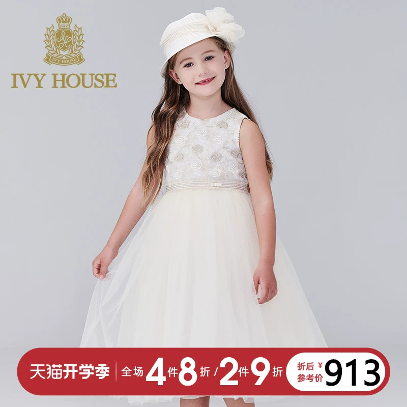 IVY HOUSE Ivy Kids Váy Cô Gái Cổ Tròn Không Tay Thêu Hoa Cô Gái Lưới Sợi Váy Váy Công Chúa - Váy trẻ em