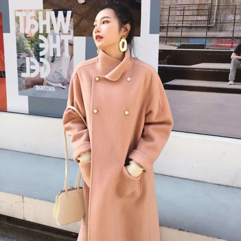 Double face cashmere big coat woman medium long version 2020 autumn winter new over kneecap Knee Temperament Pearl Buckle High-end Wool Coat