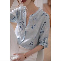 Mularsa High-end Upright Collar Blue Shredded Floral Shirt Woman 2022 Summer Fashion Less-age 70% Sleeves Silk Linen Blouse