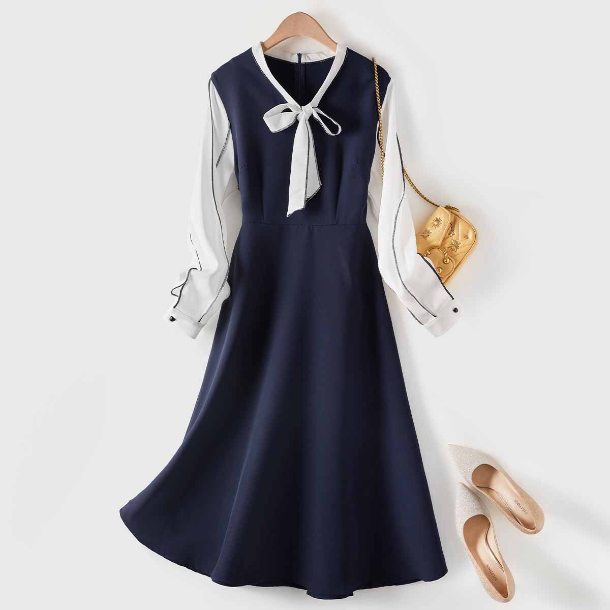 Mularsa French stitching fake two-piece bowknot dress female 2022 spring new fashion slim skirt