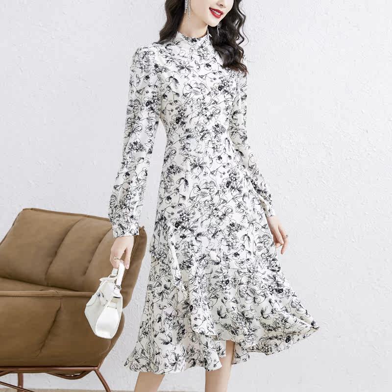 Mularsa gentle wind long sleeve crushed floral dress woman 2022 spring new lotus leaf edge fashion upright dress