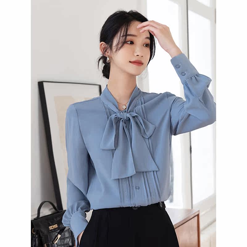 Mularsa Method Butterfly Knot Lace Blue Shirt 2022 Spring New Long Sleeve Snowspun Professional Shirt