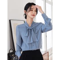 Mularsa Method Butterfly Knot Lace Blue Shirt 2022 Spring New Long Sleeve Snowspun Professional Shirt