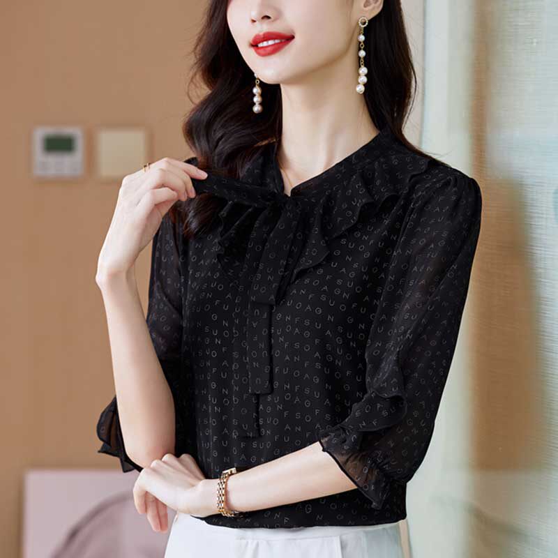 Mularsa method Don't touch black printed snowspun shirts women's new fashion 100 hitch set head 70% sleeve shirt