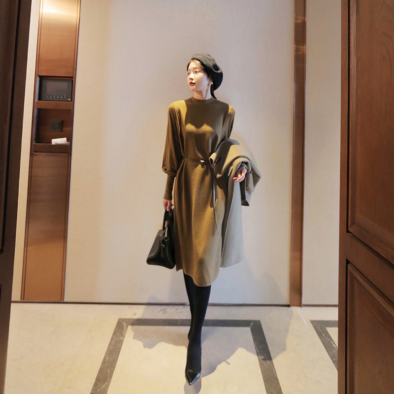 Mularsa method name Yuanyuan Knee Knit Sweater Dress Women's Spring Autumn New Inner Hitch High Waist Lap Long Dress