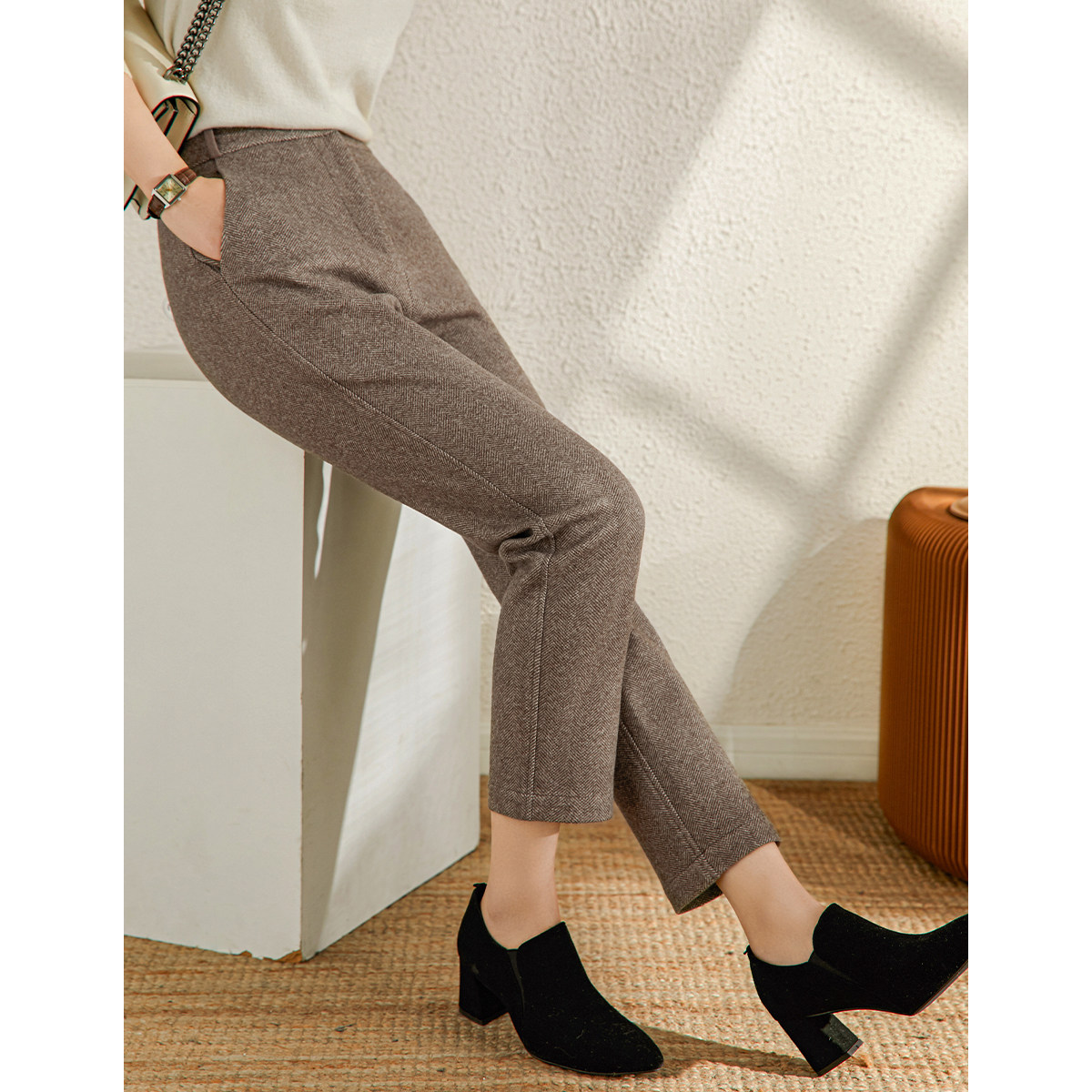 Mularsa Delicate herringbone textured wool Son Pencil Pants Woman 2022 Spring new high waist display slim 90% pants