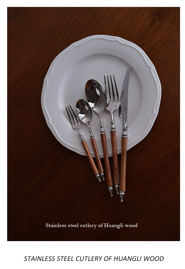 Description Picture 2 of itemSolid Wood Handle 304 Stainless Steel Western Food Knife, Fork, Spoon Set, Household Tableware Suit, Natural Yellow, 5Pcs