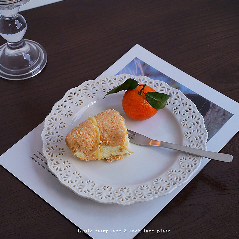 Forest Bear Export Europe Small Fairy Lace Side Hollowed-out Pattern Ceramic 8 Inch Western Dining Tray afternoon tea refreshment tray