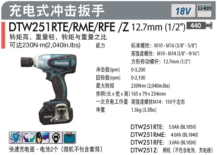 Makita 18V electric screwdriver DTW251RFE DTW251RME rechargeable impact socket wrench DTW251Z