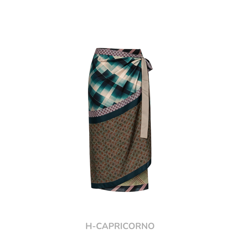 H-Capricorno Resort-Style Color-Blocked Geometric Floral Pattern Tie-Waist Twill Silk Wrap Skirt