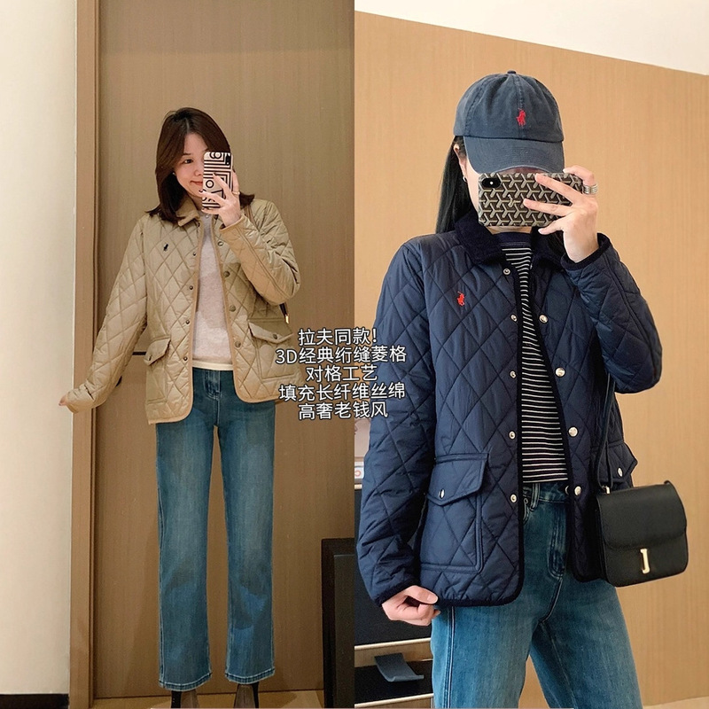 Ralph Lauren Style Classic Old Money Quilted Diamond Pattern Embroidered Pony Corduroy Collar Autumn and Winter Casual Cotton Jacket
