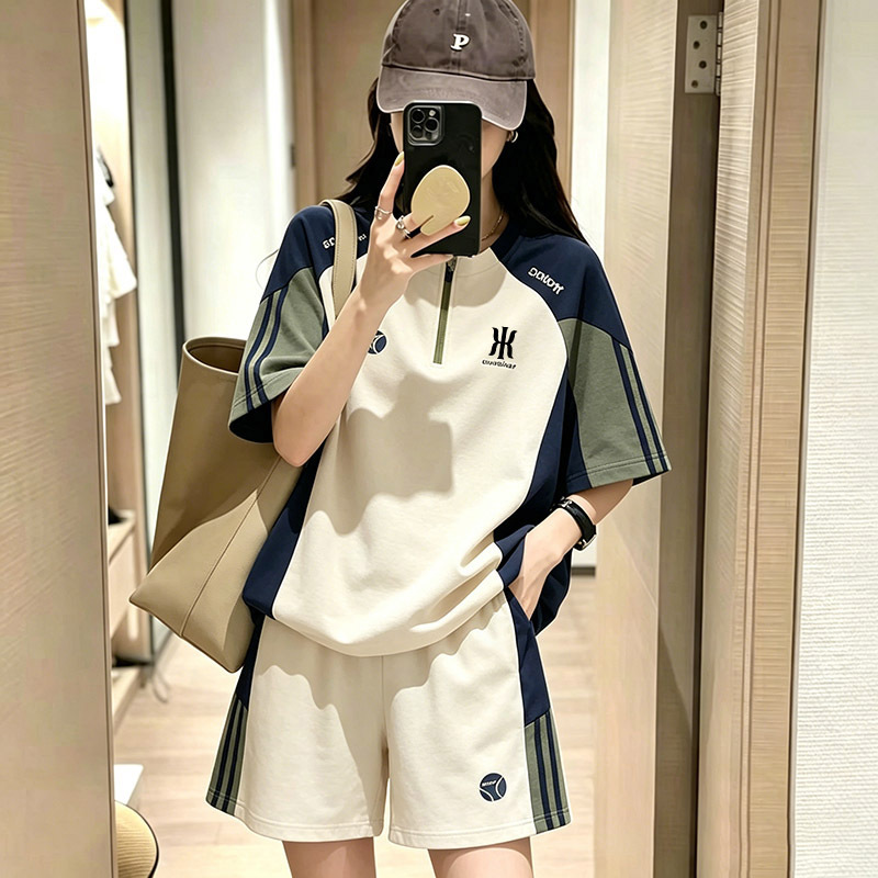 2026 Summer Casual Sports Suit for Women, Short Sleeve Two-Piece Set, Loose Zipper, Fashionable Outfit, Versatile, Breathable, Couple Style