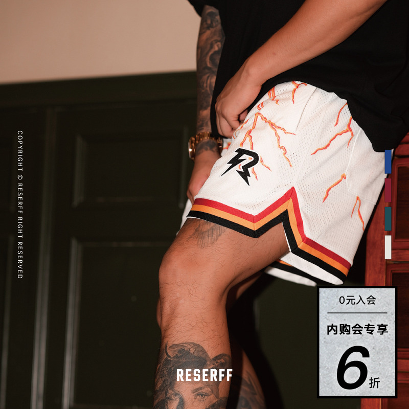 Reserff Lightning Mesh Print Summer Shorts American Retro Double Layer Super Heavy Weight Loose High Street Couple Reserff Lightning Mesh Print Summer Shorts American Retro Double Layer Super Heavy Weight Loose High Street Couple