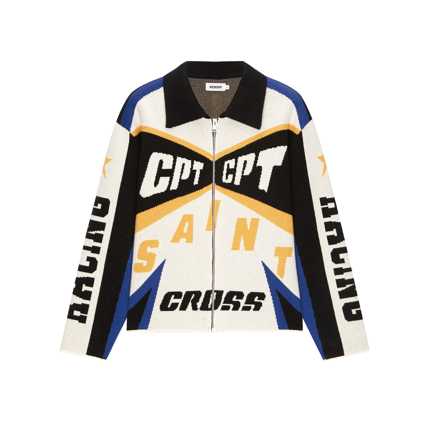 เสื้อสเวตเตอร์ถักพิมพ์ลายแข่งรถ แบรนด์ Reserff Cross Rider สไตล์ไฮสตรีทอเมริกัน เสื้อแจ็กเก็ตมีซิป คาร์ดิแกน เสื้อโค้ท