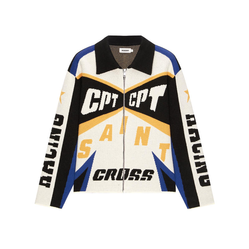 Reserff Cross Rider American High Street Knitted Racing Print Sweater Zipper Jacket Cardigan Top Coat
